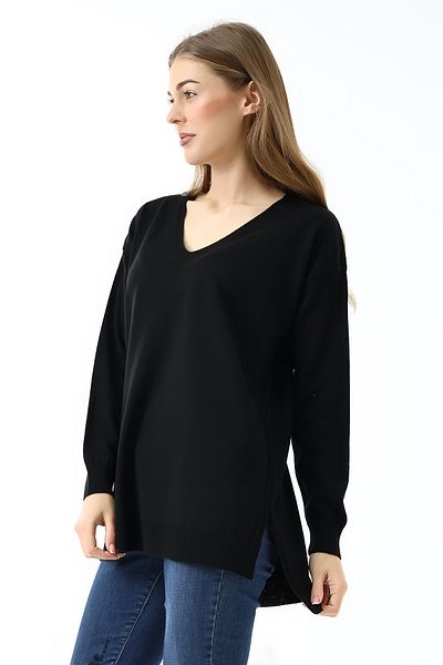 Devinka Black V-Neck Long Sleeve Thin Woven Oversize Knitwear Sweater - Slit Detail