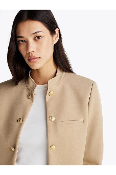 Tommy Hilfiger Women's Beige Slim Fit Jacket with Stand Collar and Button Detail Ww0Ww44607-0Gc