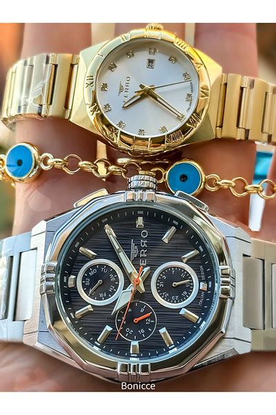FERRO Brand Steel Cord Silver Yellow Color, Dear Couple Wristwatches + Bracelet