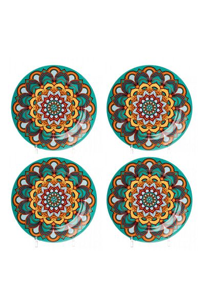 HIC flat porcelain dinner plates 4 Piece with Turquoise/Yellow 27 cm