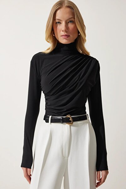 TENA Γυναικεία μαύρη όρθια μπλούζα με γιακά ώμου με ντραπέ μέση