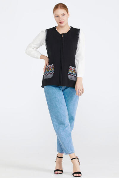 Sementa Women's Zippered Knitwear Vest with Pockets - Black - Light Gray