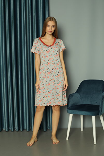 ERDENİZ TEKSTİL Lace Detailed Cotton and Patterned Women's Nightgown / Large Size Range