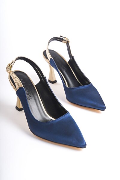 Shoesers Women's Special Design Ankle Double Strap Navy Blue Heeled Shoes with Gold Detail on Satin