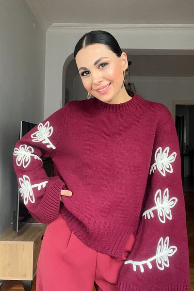 Seda Yalçın Atelier Burgundy Design Sweater with Embroidered Sleeves