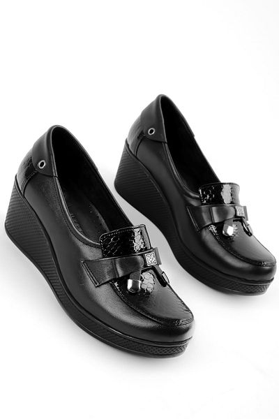 Lal Shoes & Bags Puffi Women's Black Genuine Leather Ribbon Wedge Heel Shoes