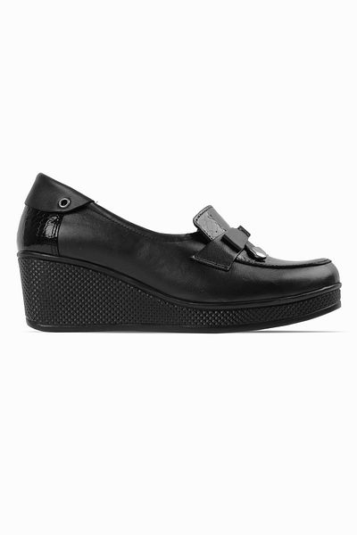 Lal Shoes & Bags Puffi Women's Black Genuine Leather Ribbon Wedge Heel Shoes