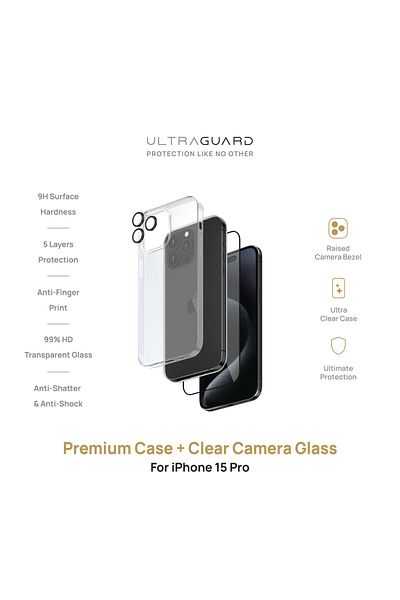 ULTRAGUARD مجموعة Premium Bundle-3 لهاتف Iphone 15 Pro زجاج + حافظة + زجاج شفاف للكاميرا