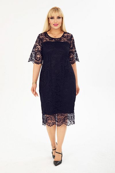 1fazlası Γυναικείο φόρεμα μεγάλου μεγέθους Navy Blue Organza Midi μήκους με δαντελένιο ρόμπα