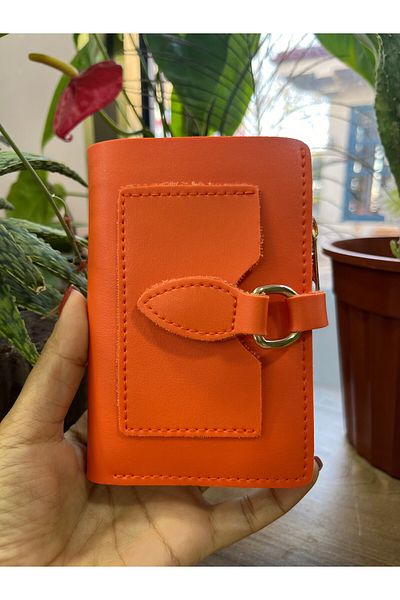 BEE BAGS إكسسوار محفظة نسائية بحلقة ذهبية اللون باللون البرتقالي وسحاب متعدد الأقسام