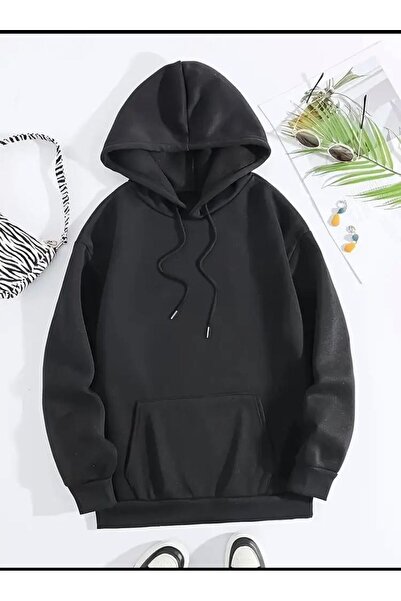 FİTGO Unisex Μαύρο φούτερ με κουκούλα με τσέπη καγκουρό