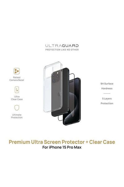ULTRAGUARD واقي شاشة ممتاز + جراب شفاف لهاتف Iphone 15 Pro Max