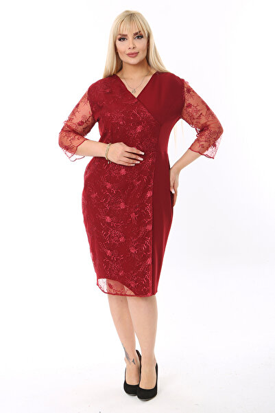 1fazlası Kadın Büyük Beden Bordo Kol Ve Ön Simli Nakış İşlemeli Garnili Midi Boy Abiye Elbise