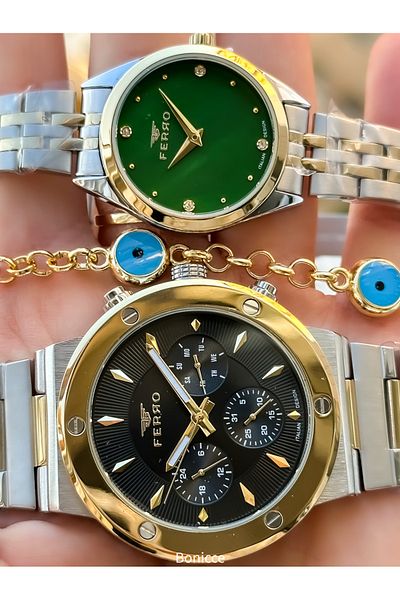 FERRO Brand Steel Band Silver Yellow Color, Green Dial Lover Couple Wristwatches + Bracelet