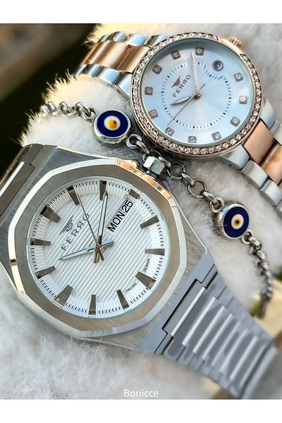 FERRO Brand Steel Cord Silver Rose Color, Dear Couple Wristwatches + Bracelet
