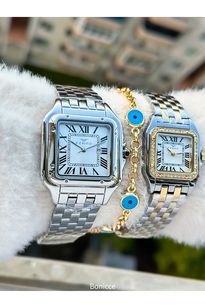 FERRO Brand Steel Band Silver Yellow Color, White Dial, Square Case Lover Couple Wristwatches + Bracelet