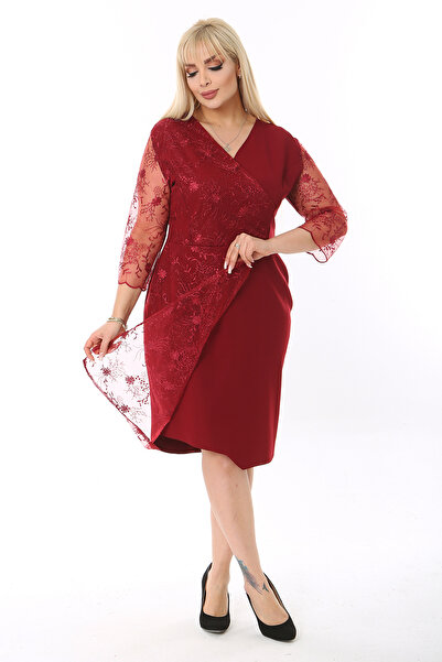 1fazlası Kadın Büyük Beden Bordo Kol Ve Ön Simli Nakış İşlemeli Garnili Midi Boy Abiye Elbise