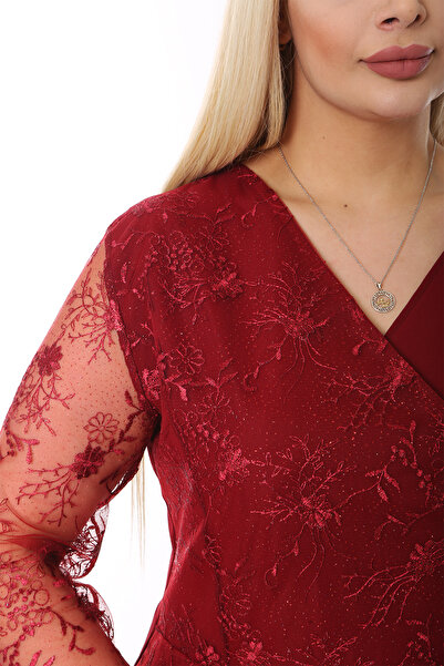 1fazlası Kadın Büyük Beden Bordo Kol Ve Ön Simli Nakış İşlemeli Garnili Midi Boy Abiye Elbise