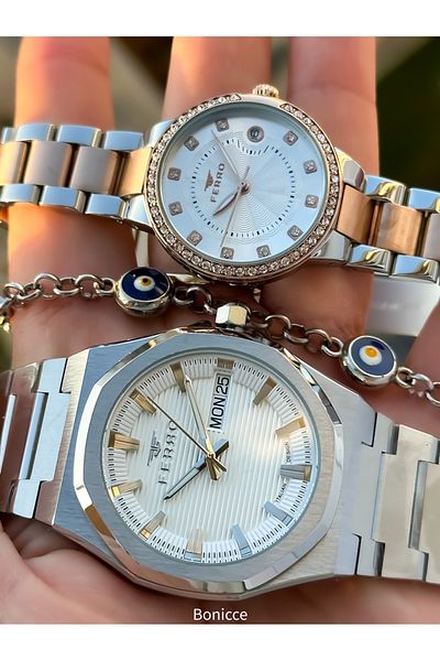 FERRO Brand Steel Cord Silver Rose Color, Dear Couple Wristwatches + Bracelet