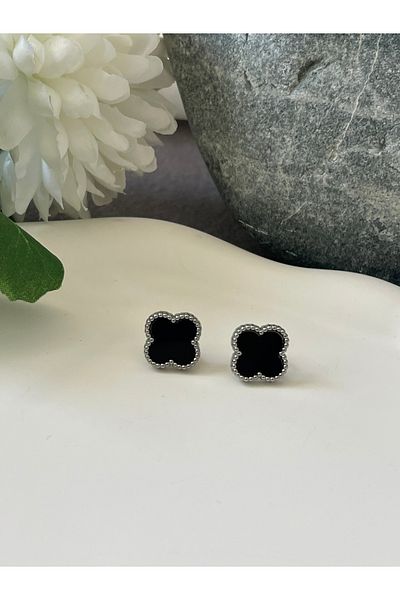 DKY Collection Black Mother of Pearl Stone Clover Model Steel Earrings