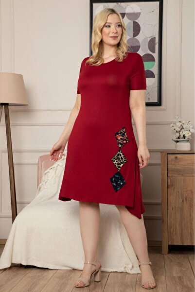 1fazlası Kadın Büyük Beden Bordo Patchwork Desenli Midi Elbise