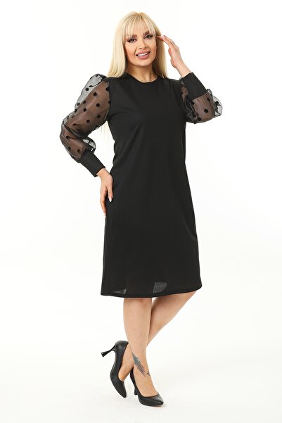 1fazlası Kadın Büyük Beden Siyah Organze Tül Üzeri Puantiye Flok Baskılı Balon Kol Midi Boy Elbise