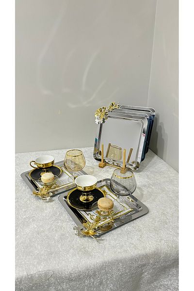 USD HOME Ατσάλινος τετράγωνος δίσκος με 6 αξεσουάρ πεταλούδας - Πολυτελής παρουσίαση σε χρώμα καφέ