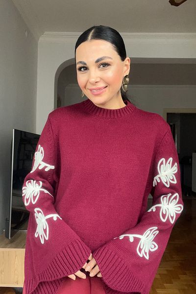 Seda Yalçın Atelier Burgundy Design Sweater with Embroidered Sleeves