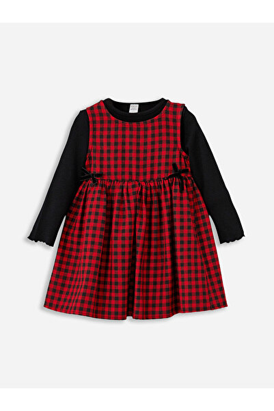 LC Waikiki Lcw Kids 100% Cotton Plaid Pattern Crew Neck Baby Girl Dress