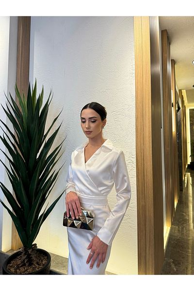 BEYZATURAN Shirt Collar Pencil Skirt White Satin Noble Dress