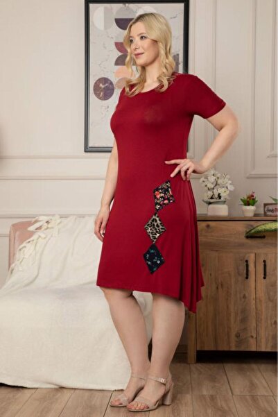 1fazlası Kadın Büyük Beden Bordo Patchwork Desenli Midi Elbise