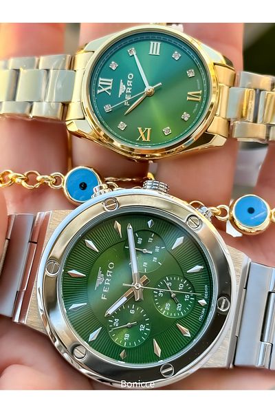 FERRO Brand Steel Band Silver Yellow Color, Green Dial Lover Couple Wristwatches + Bracelet