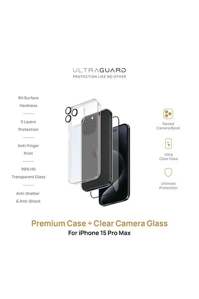 ULTRAGUARD مجموعة Premium Bundle-3 لهاتف Iphone 15Pro Max زجاج + حافظة + زجاج شفاف للكاميرا