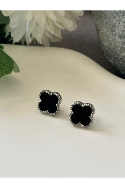 DKY Collection Black Mother of Pearl Stone Clover Model Steel Earrings