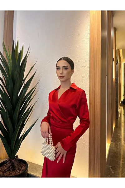 BEYZATURAN Shirt Collar Pencil Skirt Red Satin Noble Dress