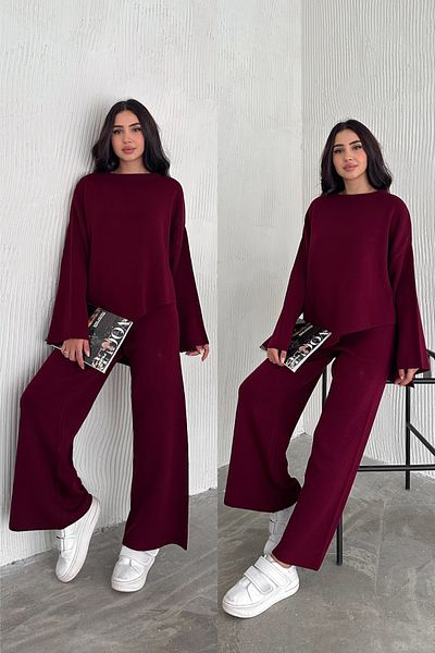 FEMELLE Set de tricotaje din două piese pentru femei, roșu Claret, mărime standard