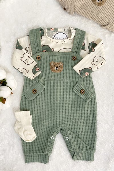 VERONA TARZ Baby Boy Embroidered Bear 2-Piece Salopet Set Long Sleeve Snap Fastener Newborn Outfit Socks Gift
