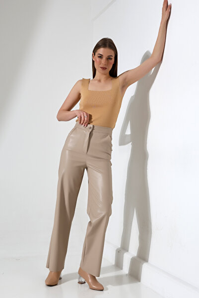 winmoda KADIN DERİ PANTOLON CEPLİ /BOL PAÇA DERİ PANTOLON /faux leather pants
