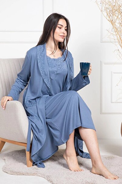 Mecit Pijama Women's Plus Size Long Sleeve Dressing Gown Nightgown 2-Piece Set 75% Cotton 25% Viscose