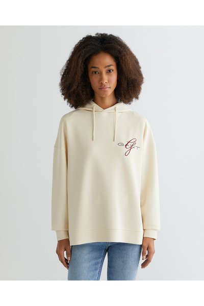 Gant Kadın Krem Oversize Fit Kapüşonlu Logolu Sweatshirt