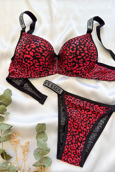 ifondi Leopard Patterned Stone Strap Supported Bra Set Red