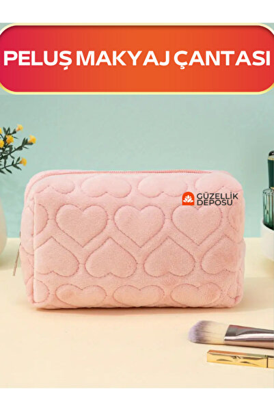 Güzellik Deposu Kalp Desenli Peluş Makyaj Çantası