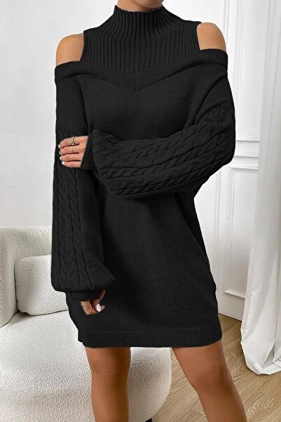 Deafox Μαύρο μακρυμάνικο πλεκτό φόρεμα με λεπτομέρεια ζιβάγκο