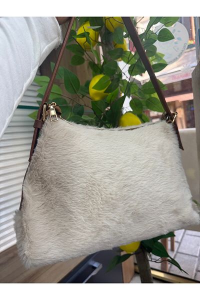 BEE BAGS Кафява плюшена пухкава чанта от багет, ежедневна чанта за ръка и през рамо