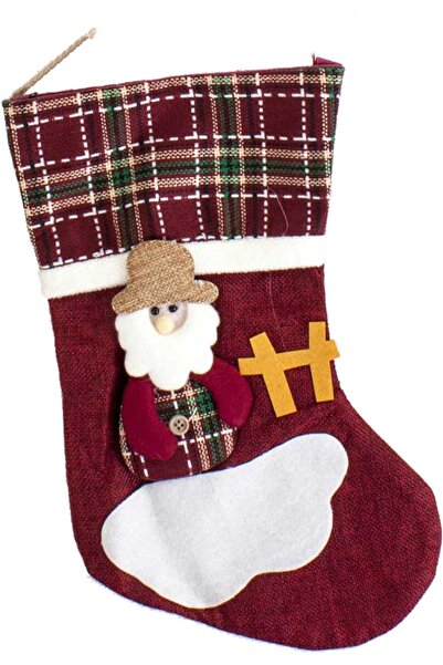 Herdekora Christmas Ornament Plaid Patterned Socks Dark Red with Santa Claus Figure 21X34 cm