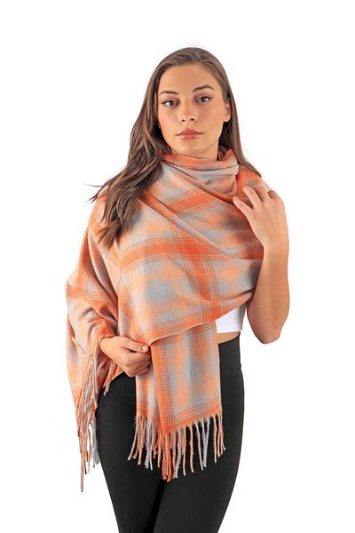 Bursa İpek Orange Gray Patterned Winter Shawl