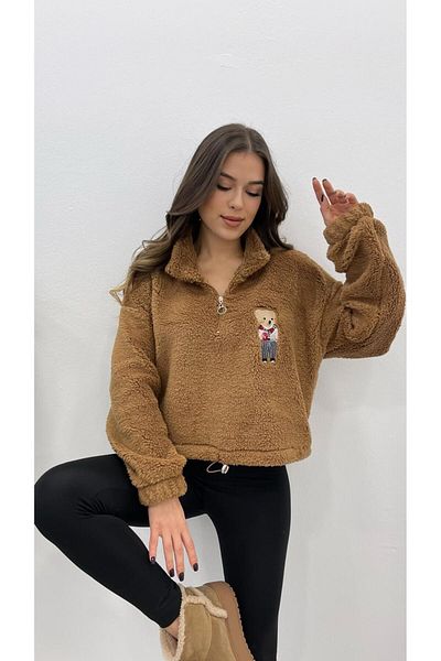 MODA Дамски къс плюшен суитшърт с бродерия, ластик и цип, с бродерия и изображение на камила и мече