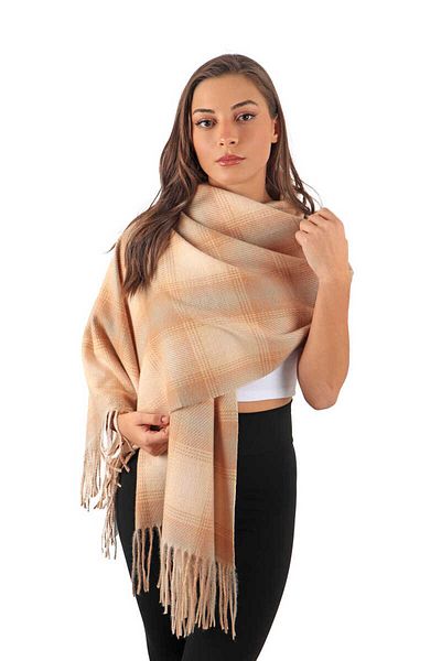 Bursa İpek Beige Camel Patterned Winter Shawl
