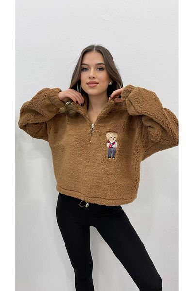 MODA Дамски къс плюшен суитшърт с бродерия, ластик и цип, с бродерия и изображение на камила и мече