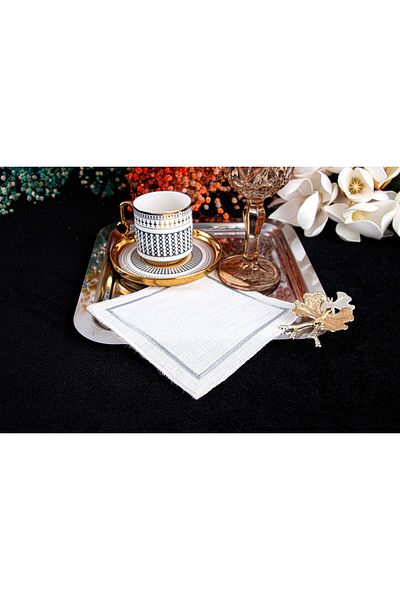 PLT Design 6 Pieces of Elegant Cocktail Napkins with Silver and Silk Detail Appearance Coffee Side Napkin Presentation Napkin